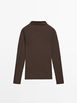 Massimo Dutti Хлопковая футболка в рубчик с длинными рукавами, коричневый