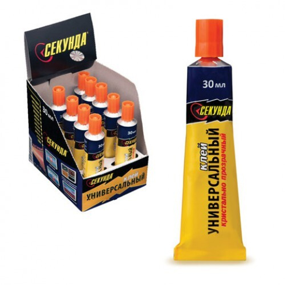 Клей Универсальный кристально-прозрачный  «СЕКУНДА» 30 мл, 10 шт в шоу-боксе