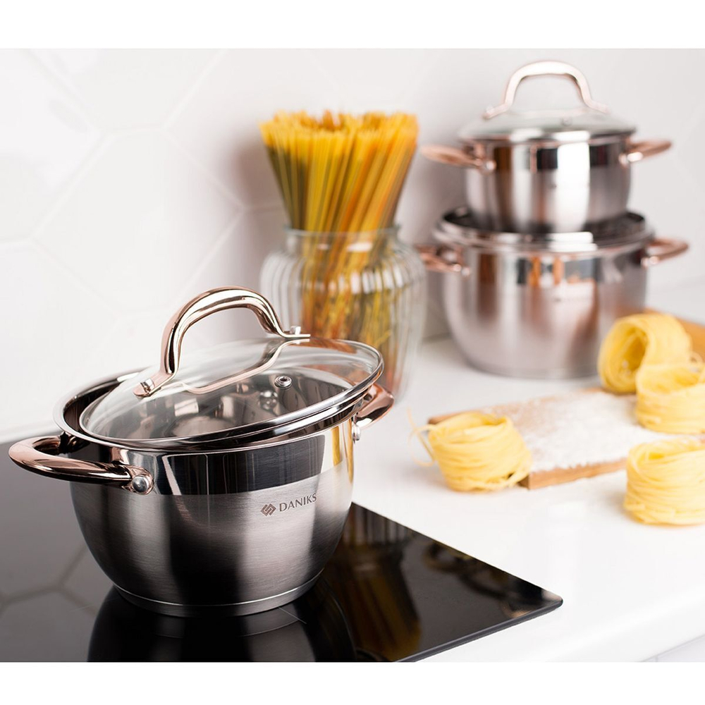 Кастрюля нерж, 1.8 л, с крыш, Daniks, Мадрид Gold, SD-316G, индукц