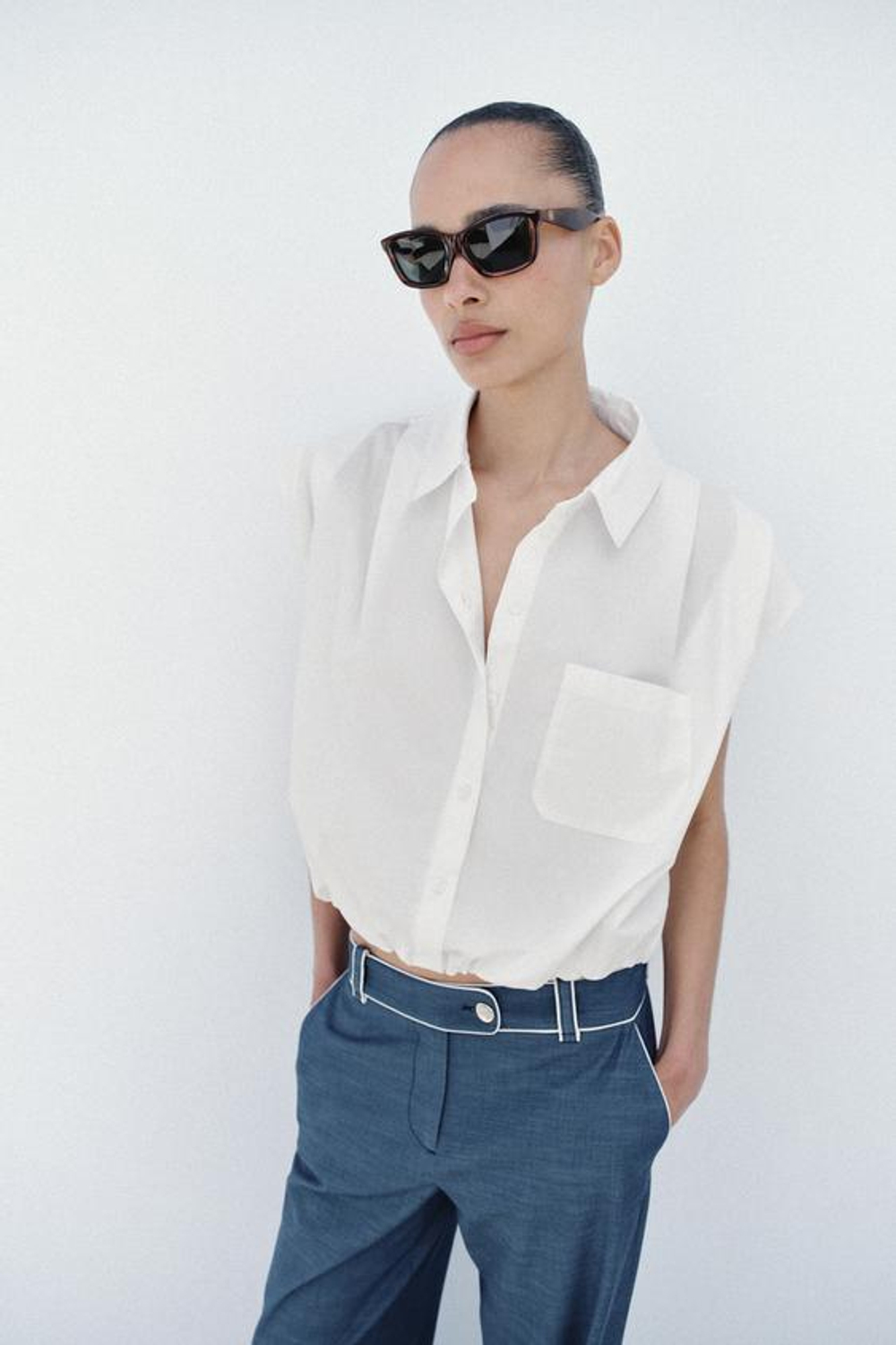 ZARA ШИРОКИЕ БРЮКИ С КОНТРАСТНЫМИ КАНТАМИ, СИНИЙ