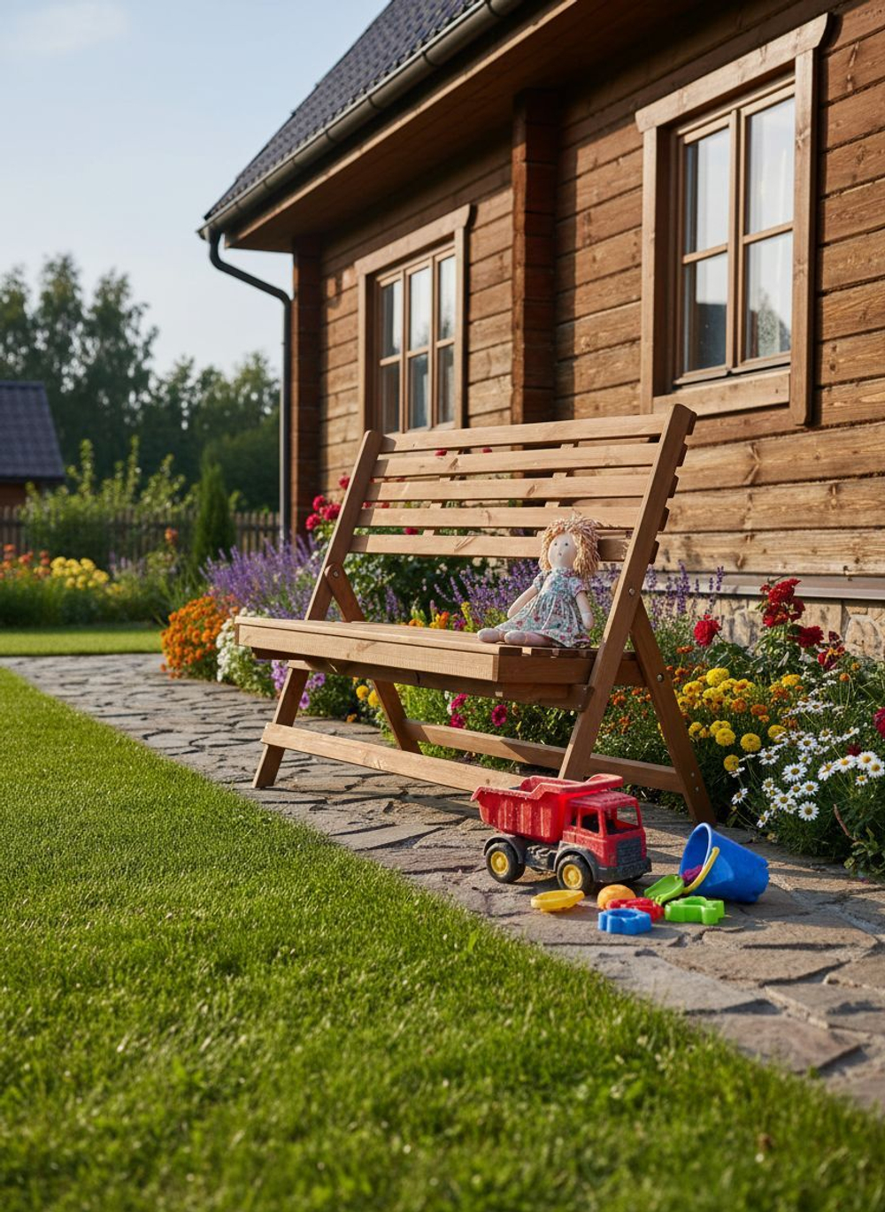 Складная скамья для дачи и дома Петра, деревянная со спинкой, из массива сосны, 103х88х47
