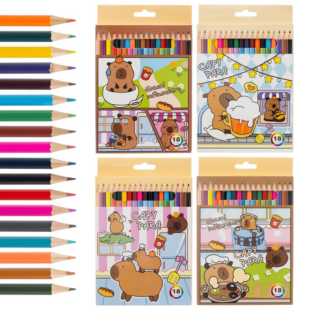 Карандаши цветные, Basir, деревянные, серия "Капибара", цветная упаковка, 18 шт