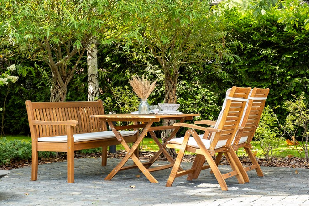 Обеденный комплект из акации Joygarden КАРО со скамьей, слоновая кость