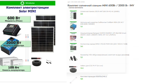 Солнечная электростанция. Комплект : солнечная панель 600 Вт / инвертор 2000 Вт / аккумулятор LiFePO4 25.6Вт 100Ач от компании Windsolar.