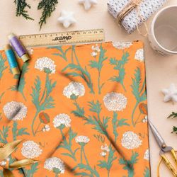 Ткань премиум шелк искусственный Армани белые цветочки на оранжевом