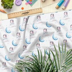 Ткань лён девочка с кроликом и синие месяцы