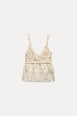 ZARA КОМБИНИРОВАННЫЙ ТРИКОТАЖНЫЙ ТОП С АЖУРНОЙ ВЫШИВКОЙ, СЛОНОВАЯ КОСТЬ