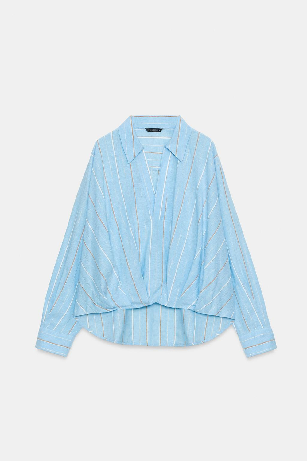 ZARA РУБАШКА ИЗ ЛЬНА С ОБЪЕМНЫМ НИЗОМ, ПЕСОЧНЫЙ/СИНИЙ