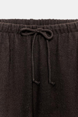 ZARA БРЮКИ WIDE LEG ИЗ ТКАНИ В ДЕРЕВЕНСКОМ СТИЛЕ, ТЕМНО-КОРИЧНЕВЫЙ