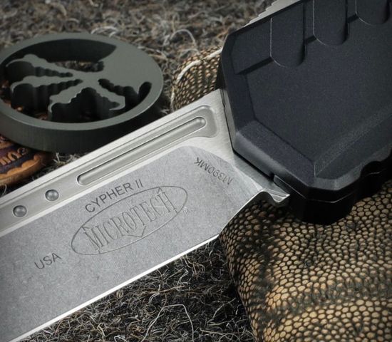 Нож фронтальный, автоматический Microtech Cypher II S/E Black Stonewash Standard - сталь М390МК, рукоять алюминий