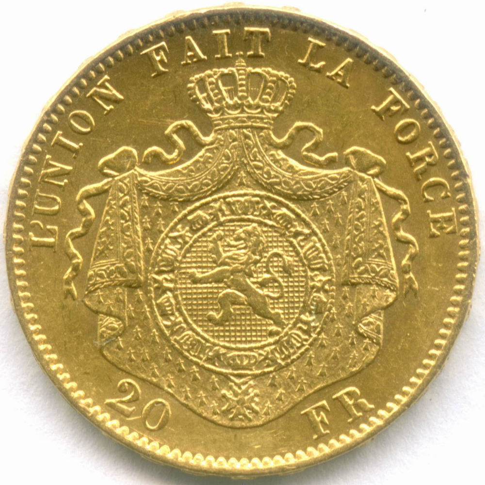 20 франков 1878 год. Бельгия. Леопольд II. Золото XF-AU