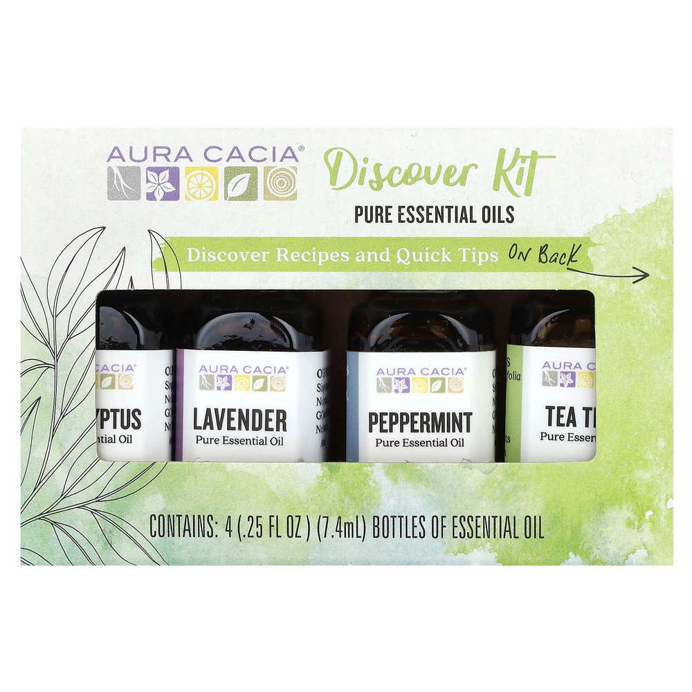 Aura Cacia, Откройте для себя комплект эфирных масел, 4 флакона, 0,25 унций (7,4 мл) каждый.