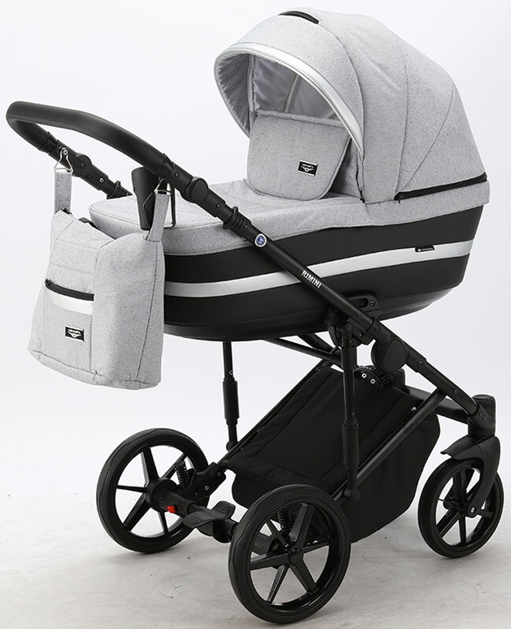 Детская коляска Adamex Rimini 2 в 1 RI13-LUX СВ.СЕР.БЕРЕЗКА+ЧЕРН.КОЖА+СЕРЕБР.ОТДЕЛКА
