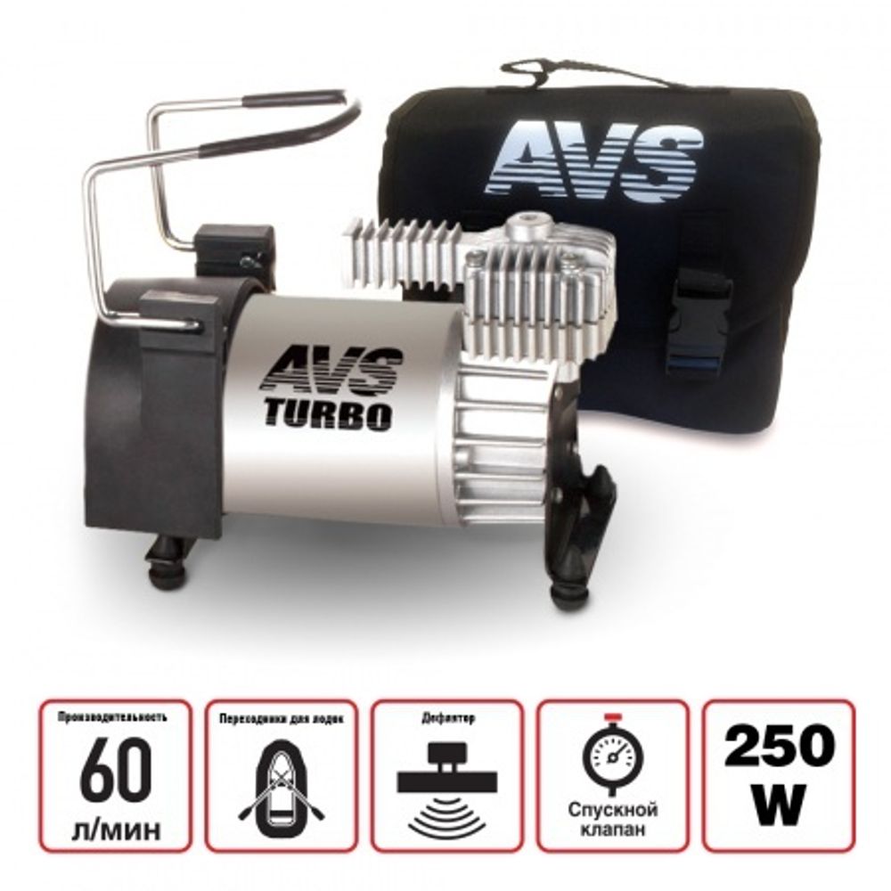 Компрессор поршневой Turbo 12В, 60л/мин до 10 Атм металлический (AVS)