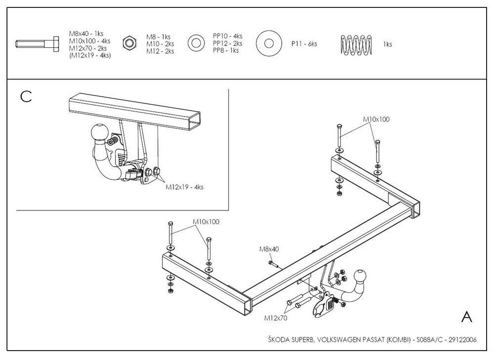Фаркоп оцинкованный Galia S088A для Skoda Supreb I 2002-2008, Volkswagen Passat B5 седан/универсал 1996-2005(паспорт и сертификат в комплекте)(без электрики)