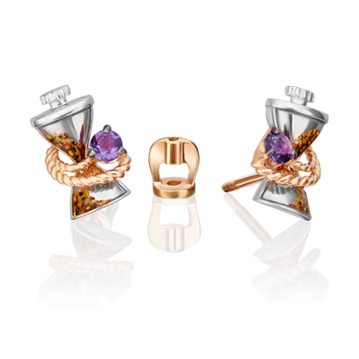 Серьги-пусеты «Мудрость жизни» из комбинированного золота с аметистом и эмалью