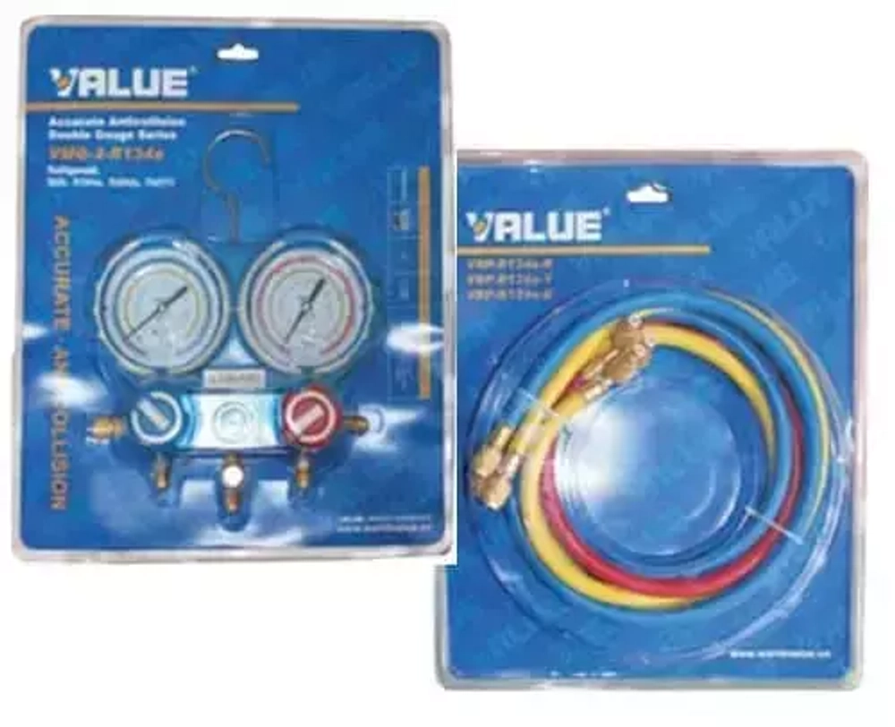 Манометрический коллектор Value VMG-2-R410A-03 (R22, R134a, R410a, R407C; 2-х вентильный; 3 шланга 120 см; манометры 80 мм; упак. блистер)