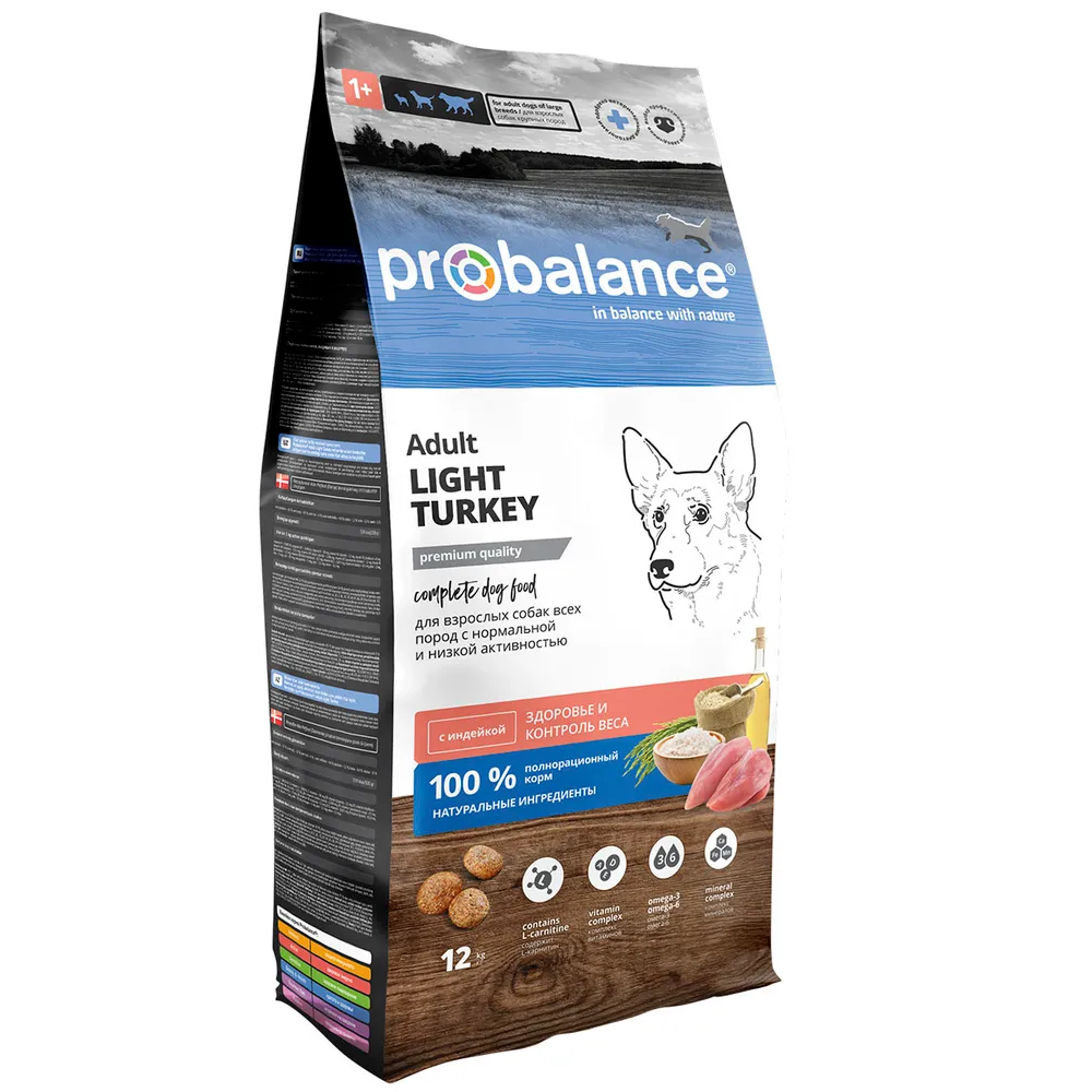 Корм ProBalance Adult Light Turkey сухой для взрослых собак всех пород с индейкой, 12кг
