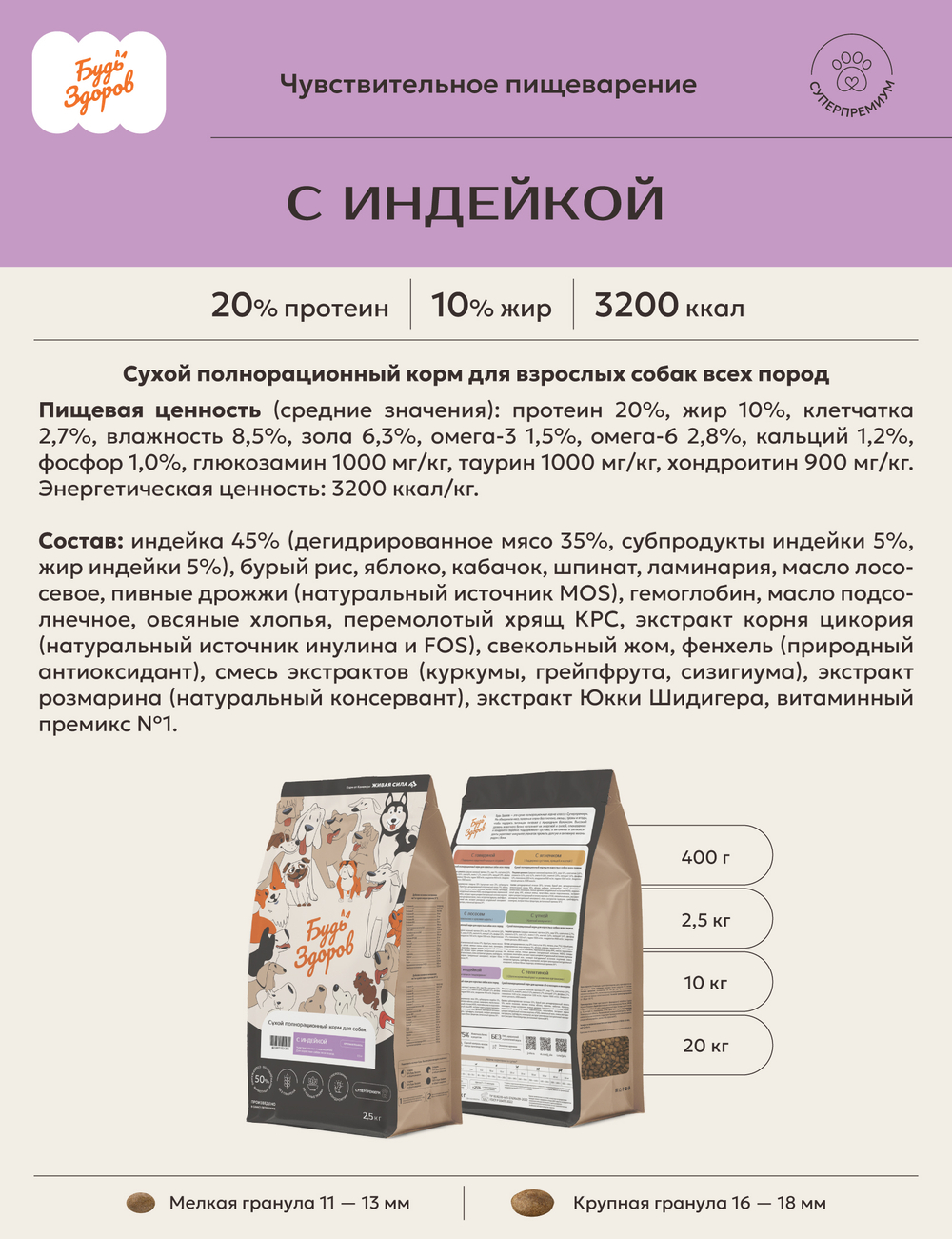 Корм для собак Будь Здоров для пожилых, кастрированных, склонных к полноте. С индейкой крупная гранула
