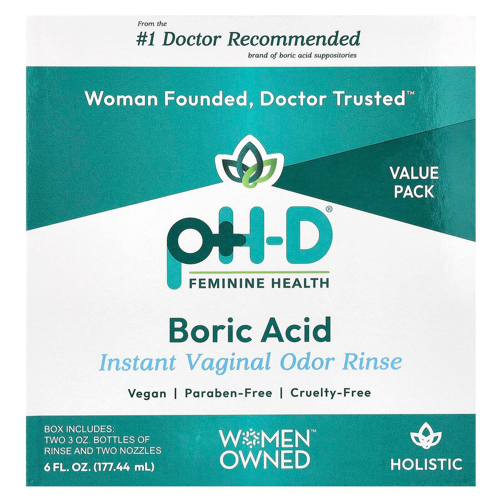 pH-D Feminine Health, борная кислота, мгновенное ополаскиватель для влагалища для устранения запаха, 2 флакона и 2 насадки, 177,44 мл (6 жидк. унций)