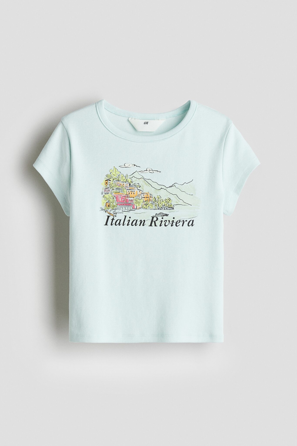 H&M Футболка из хлопка с принтом, светло-бирюзовый
