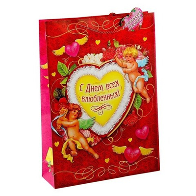 Пакет вертикальный с тиснением "С днём всех влюбленных" ML (Цвет: красный с белым)