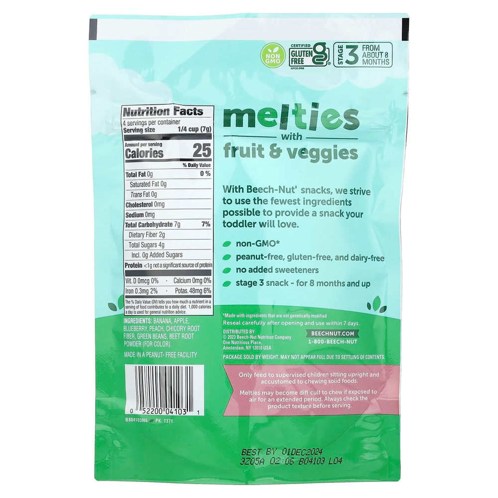 Beech-Nut, Melties с фруктами и овощами, от 8 месяцев, банан, голубика и зеленая фасоль, 28 г (1 унция)