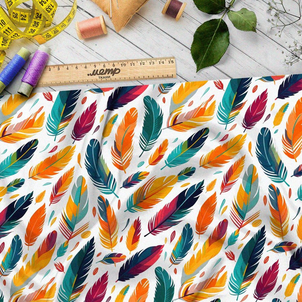 Ткань премиум атлас разноцветные перья
