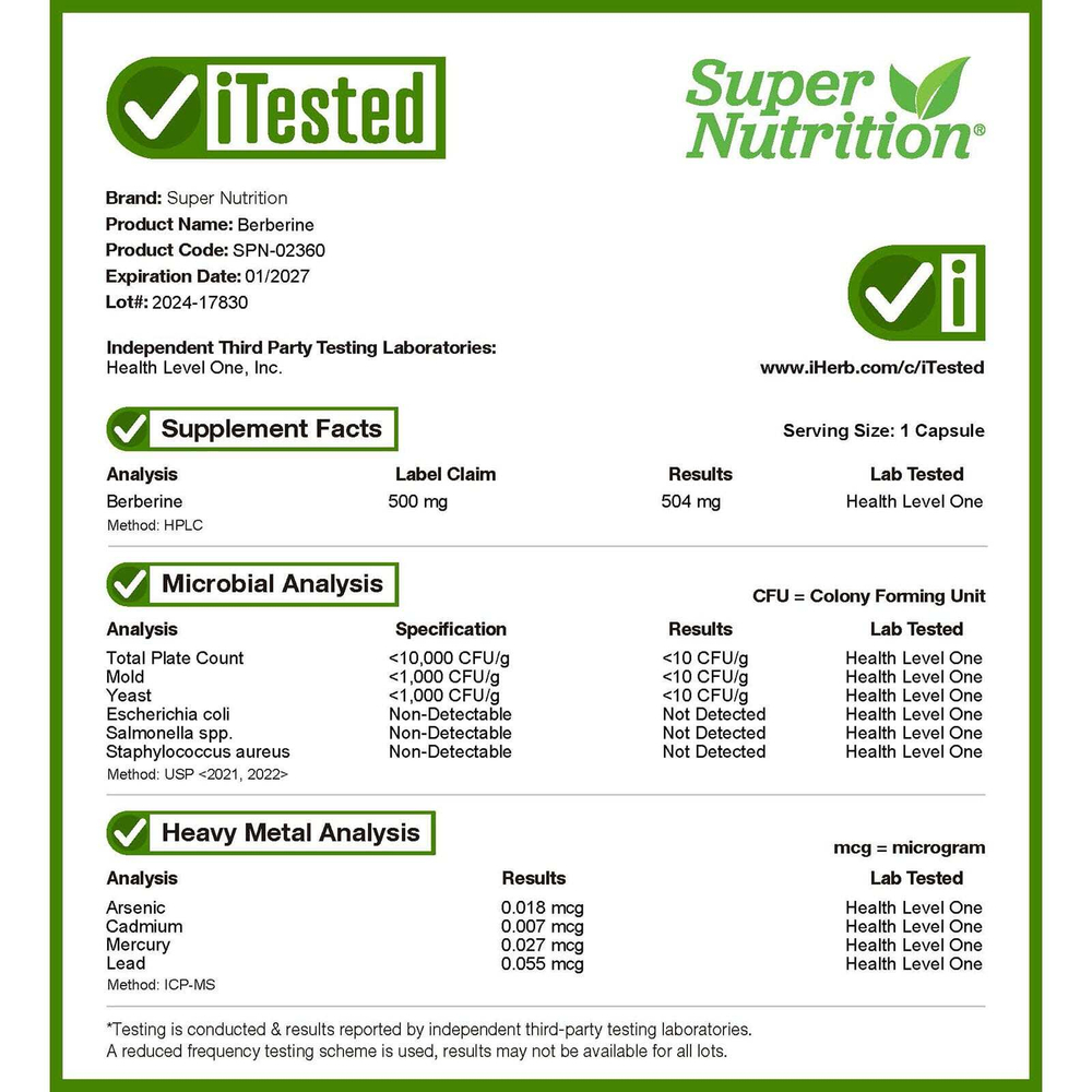 Super Nutrition, берберин гидрохлорид, 500 мг, 120 растительных капсул