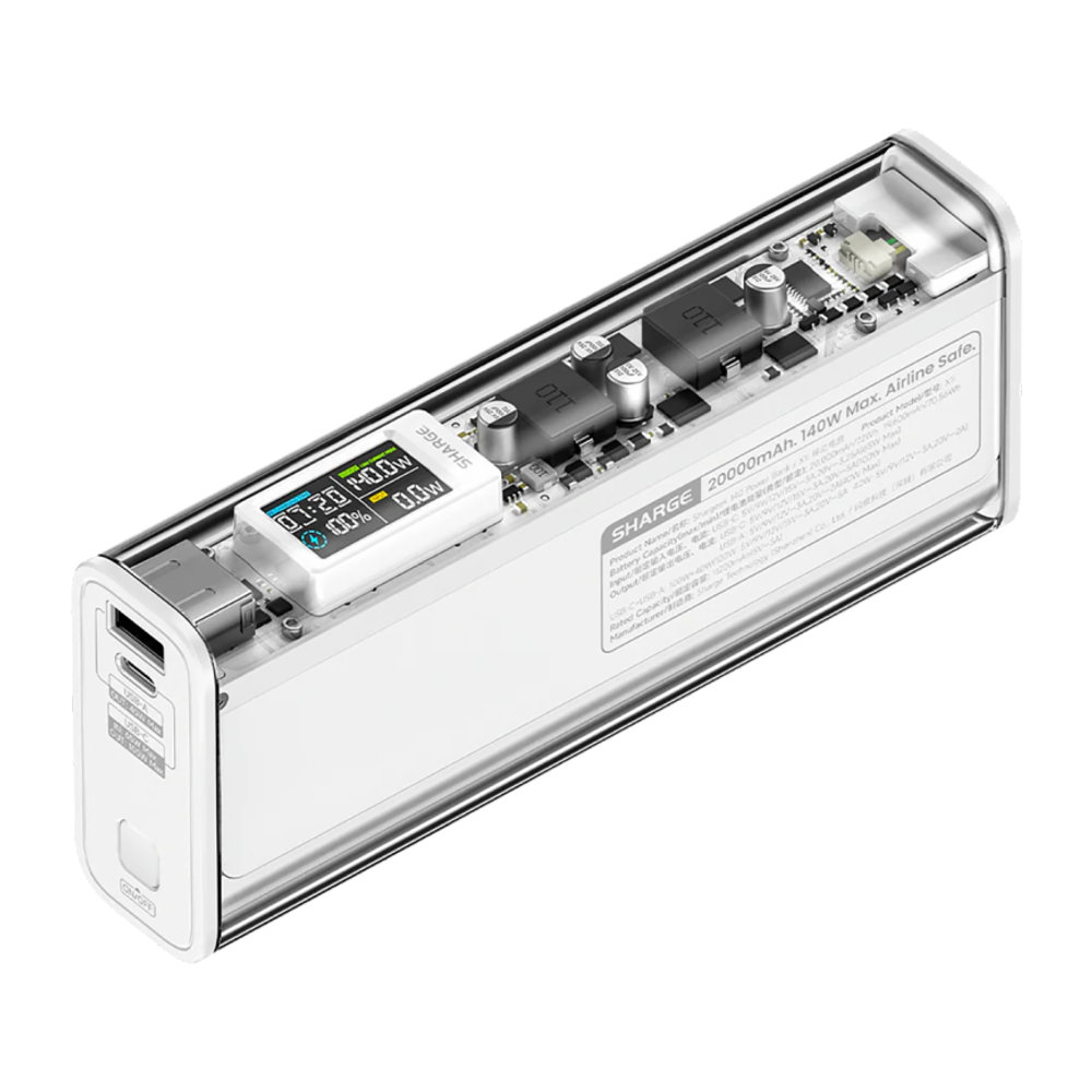 Внешний аккумулятор SHARGE Shargeek 140 (20000 мА·ч) Проводная зарядка: USB-C, USB-A. Беспроводная зарядка: нет. Есть дисплей, поддержка PD 3.0, QC 4, AFC и FCP. Энергоёмкость — 72 Вт·ч. Максимальная выходная мощность — 100 Вт