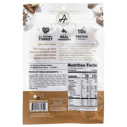 Country Archer Jerky, полностью натуральное вяленое мясо индейки, копчение на дровах гикори, 71 г