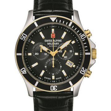 С ремешком Мужские наручные часы с черным кожаным ремешком Swiss Alpine Military 7022.9547 chronograph 42mm 10ATM
