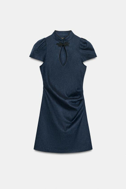 ZARA УКОРОЧЕННОЕ ПЛАТЬЕ ИЗ ЛЬНА С ЗАСТЕЖКОЙ-АЛАМАРОМ, ИНДИГО