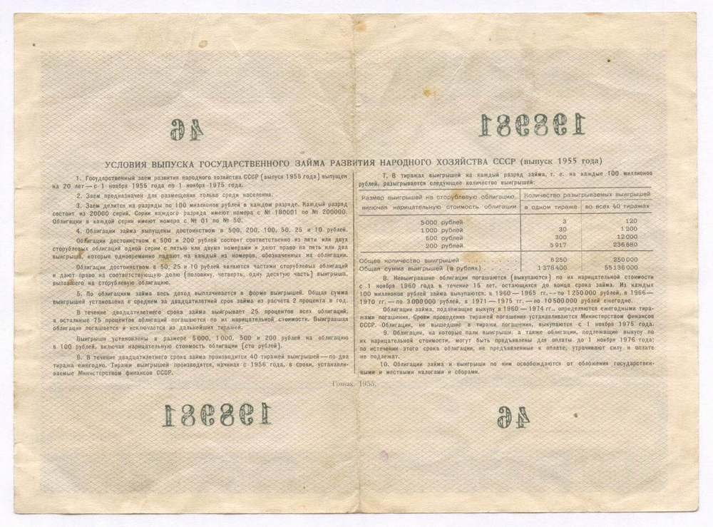 Облигация 25 рублей 1955 год. Серия № 198981. F