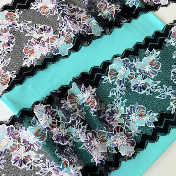 Кружево эластичное черное/цветы 22 см, Китай