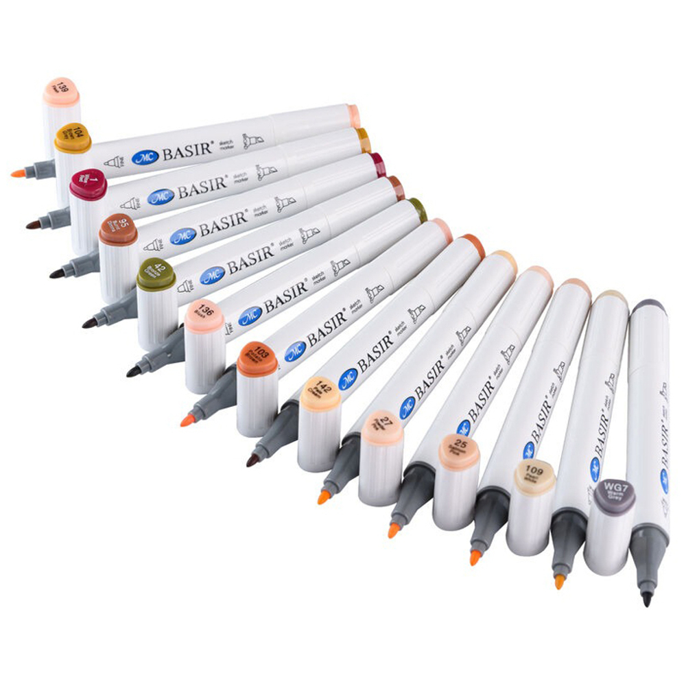 Маркер для скетчинга, двусторонние, Basir, серия "Телесные тона", трёхгранные, 14 мм, спиртовые, 12 шт