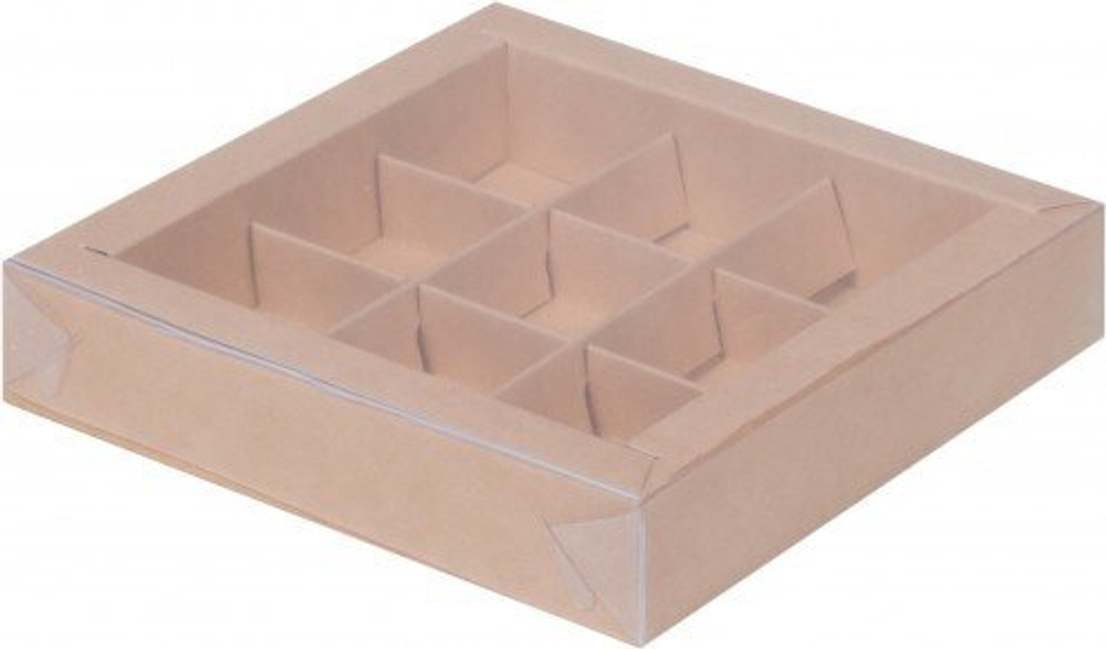 Коробка для конфет 9 шт с пластиковой крышкой 155*155*30 мм (крафт)