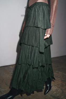 ZARA ЮБКА МИДИ С ВОЛАНАМИ — ZW COLLECTION, ТЕМНО-ЗЕЛЕНЫЙ