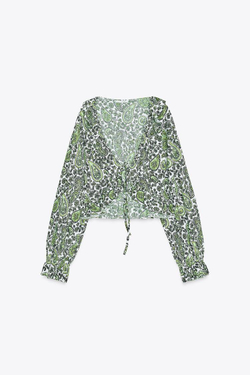 ZARA ТОП С ВОЛАНАМИ И V-ОБРАЗНЫМ ВЫРЕЗОМ, ОТТЕНКИ ЗЕЛЕНОГО