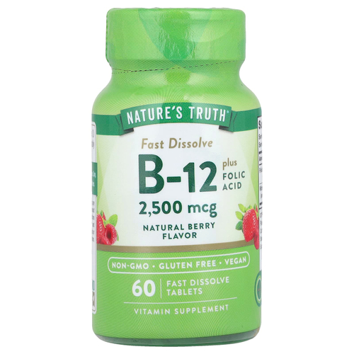 Nature's Truth, Витамин B12 с фолиевой кислотой, натуральные ягоды, 2500 мкг, 60 быстрорастворимых таблеток