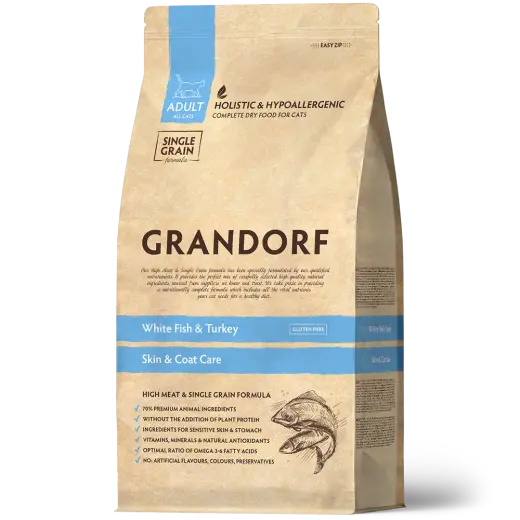 Сухой низкозерновой корм GRANDORF CAT White Fish&Turkey SKIN&CARE Белая рыба с индейкой 0,4кг