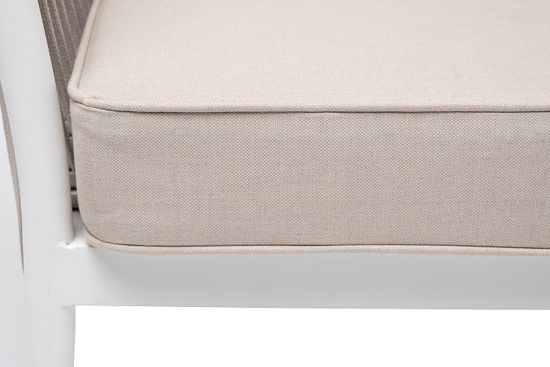 "Касабланка" диван 2-местный плетеный из роупа, каркас алюминий белый муар, роуп бежевый 20мм, ткань бежевая 15052