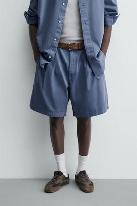 ZARA ШОРТЫ С ЭФФЕКТОМ ПОТЕРТОСТИ И СКЛАДКАМИ, СИНИЙ МЕЛАНЖ