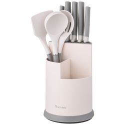 НАБОР AGNESS ИЗ 9ПР: 5 НОЖЕЙ, ПОЛОВНИК, ЛОПАТКА И ШУМОВКА, ВРАЩАЮЩАЯСЯ ПОДСТАВКА, ЦВЕТ: СЕРЫЙ