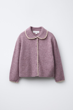 ZARA ВЯЗАНЫЙ КАРДИГАН С КРУЖЕВНОЙ ОТДЕЛКОЙ, ЦВЕТ МАЛЬВЫ