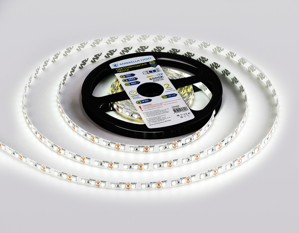 Светодиодная лента GS1103 2835 120Led/ 9.6W m/ 12V IP20 6500K/ 5000*8*1.2mm/ кратность резки 25mm (2 конт.)
