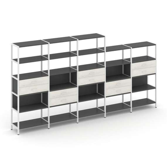 Shelf System Пятисекционный стеллаж пятиярусный с ящиками SN.STM-551 Антрацит/Дуб Наварра/Металл Бел