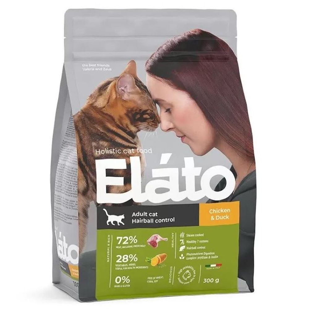 Сухой корм Elato Holistic для кошек с курицей и уткой для выведения шерсти - 0,3 кг