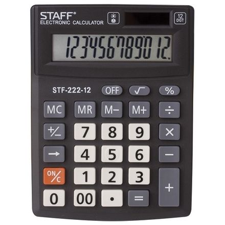 Калькулятор настольный Staff Plus, 12 разрядов, STF-222, двойное питание, 138х103мм, черный, 250420