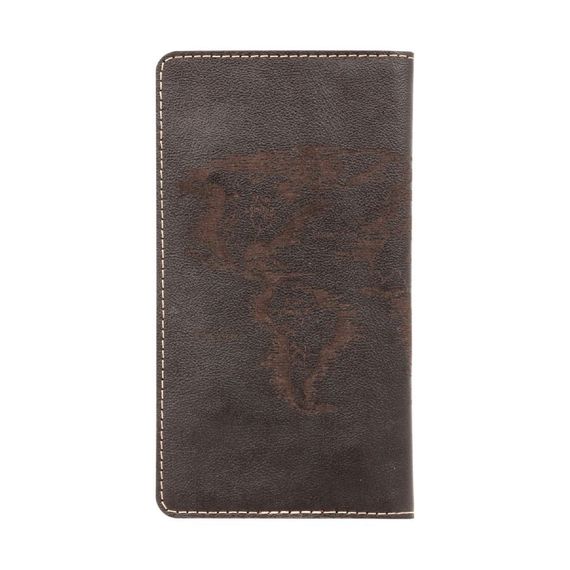 Фото функционального кошелька Карта мира из темно-коричневой кожи, вид сзади, закрытый